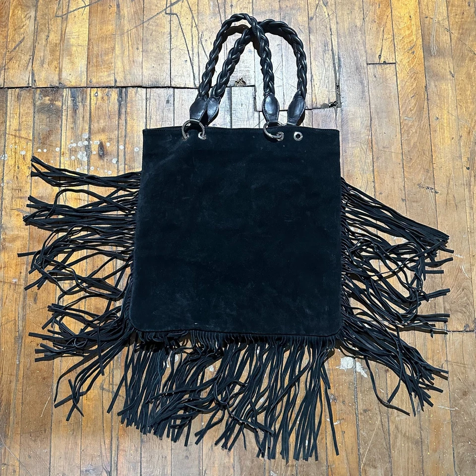 Bolso de hombro hobo de gamuza con flecos D2 para mujer con asas de cuero trenzado negro Foto 2 de 4