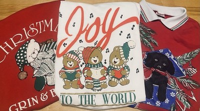 Vtg Ugly Christmas Sweatshirt Sweater Puppy Dog Bear Joy Present USA 90's Lot