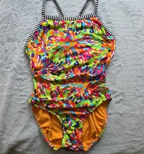 Vintage Dolfin Uglies Swimsuit Size 34 (XS/S) Stripe Trim One Piece Neon