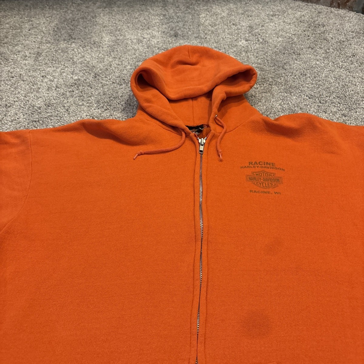 Vintage 90s Harley Davidson Orange Full Zip Up Hoodie Eagle Big