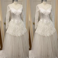 White Lace Wedding Dresses Tulle Long Sleeves Vintage 1930s Ivory Bridal Gowns