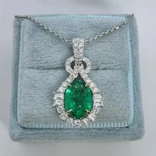2.50Ct Oval Cut Lab-Created Green Emerald Halo Pendant 14K White Gold Plated 18"