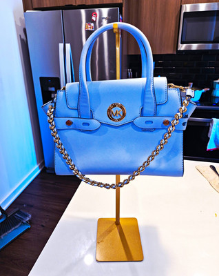 Michael Kors Carmen Flap Belted Pale Blue Leather Satchel size medium Gold