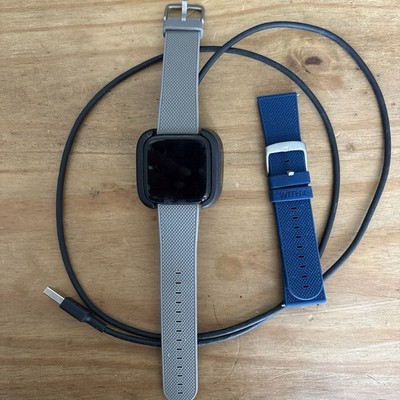 Fitbit Smartwatch Black Plastic Case Gray Silicone Band with Extra Blue Band