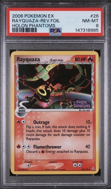 The Pokemon Company 2006 Rayquaza 26/110 EX Holon Phantoms Reverse Holo PSA 8
