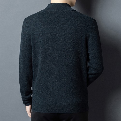Real Wool Cardigan Men's Zippered High Neck Knitted Casual Coat Striped Sweater - Picture 4 of 24
