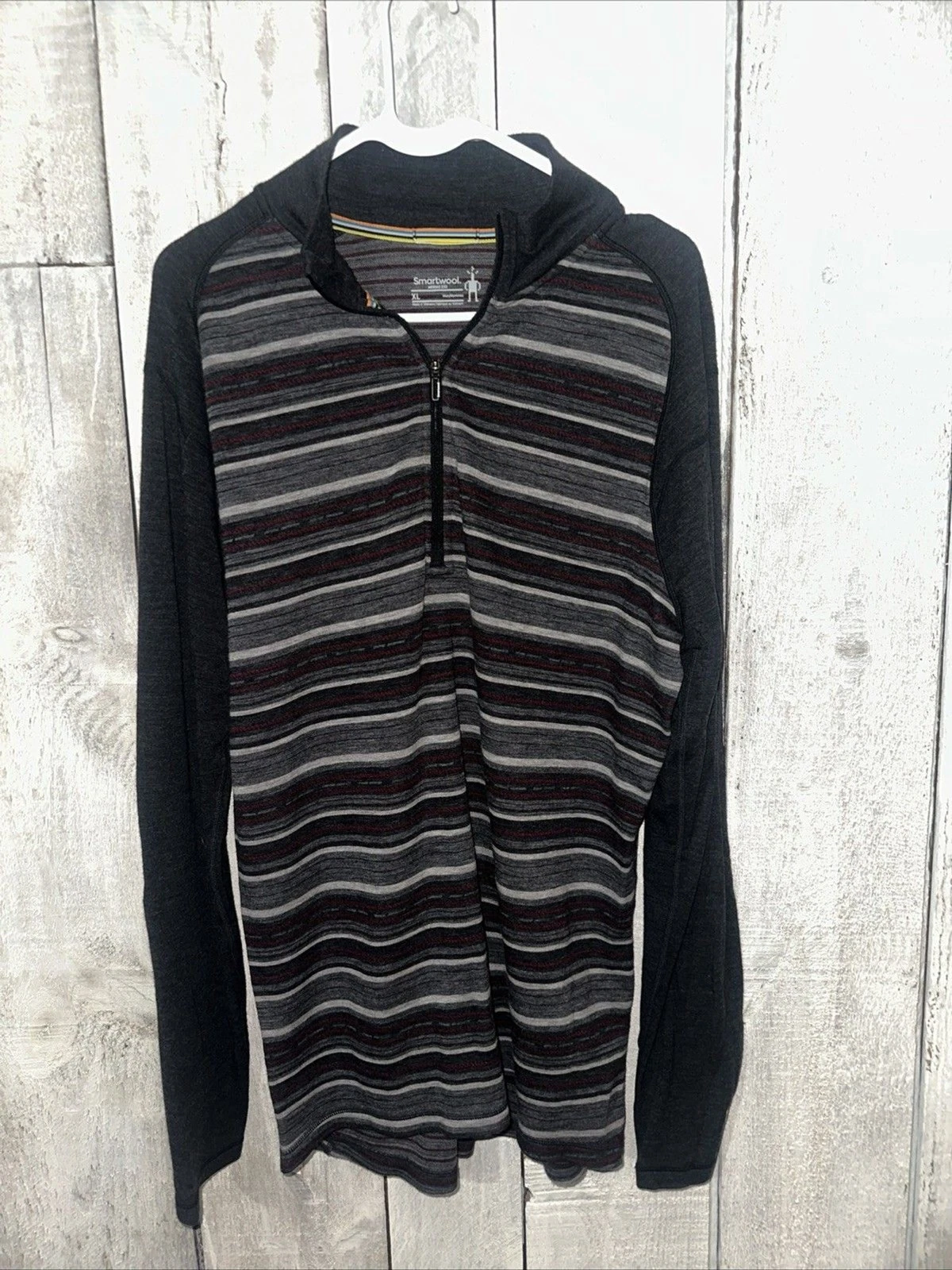Smartwool Men’s XL 100% Merino 250 Gray Red Stripe 1/4 Zip Base Layer Pullover