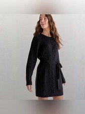Francesca’s Diane Black Cable-Knit Sweater Dress with Tie Belt NWT, Women's L
