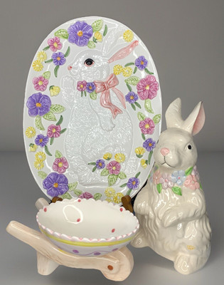 VTG Easter Bunny Rabbit Plate Floral Egg Wheel Barrel Ceramic Set Of 3 Crazing