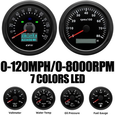 85mm Boat GPS Speedometer 120MPH Tacho 8000RPM&52MM Fuel/Temp/Oil/Temp Guge Set