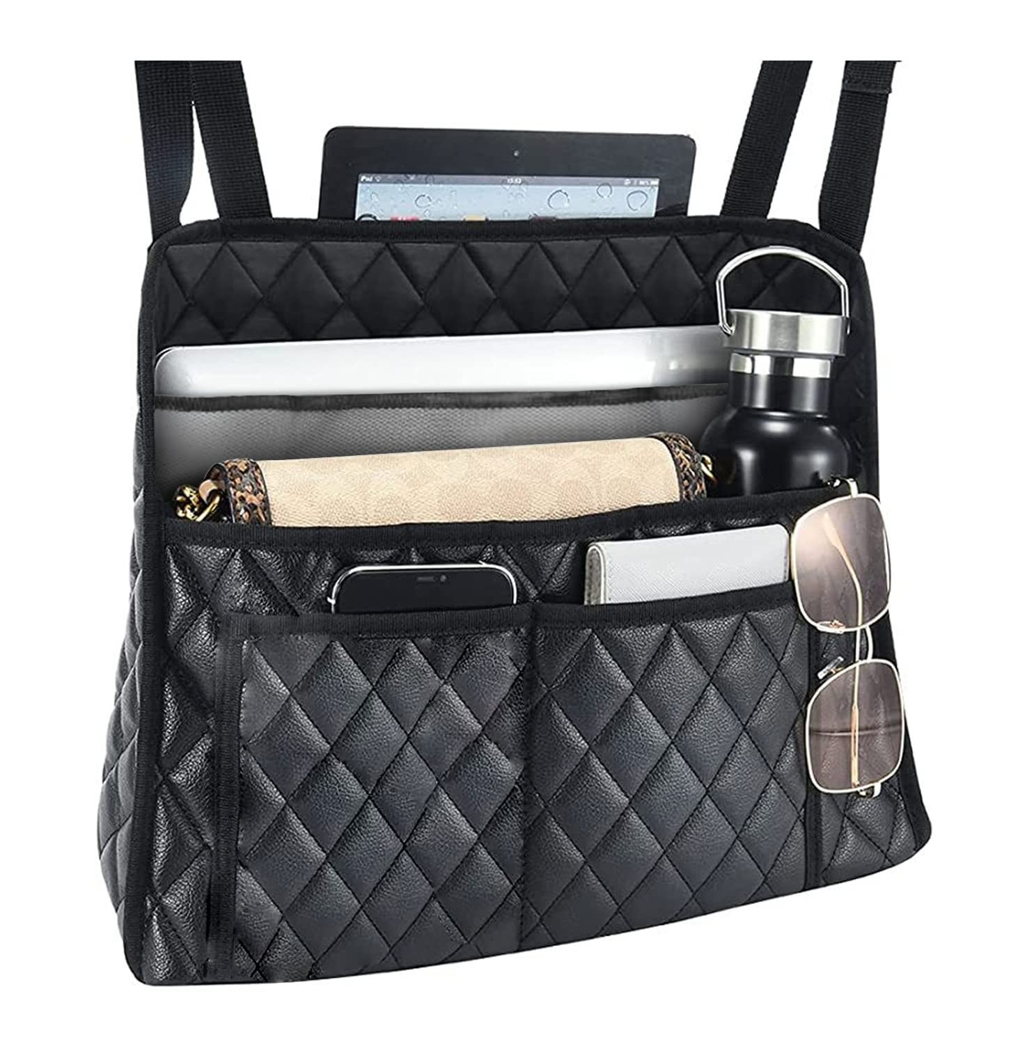 AICEL Car Handbag Purse Holder Between Seats, Auto Seat Leather Black