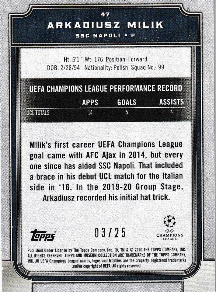 2019-20 Topps Museum Collection Napoli Arkadiusz Milik Ruby /25 Card - Image 2 of 2