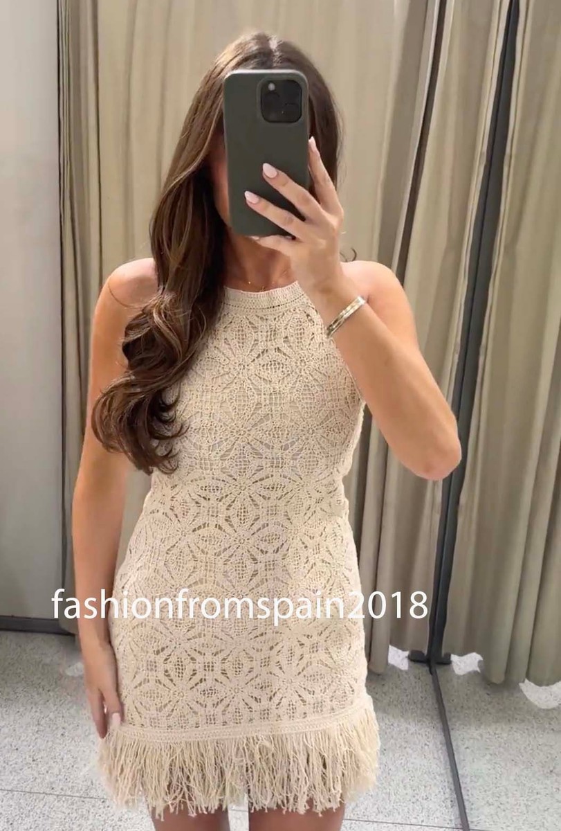 ZARA NEW WOMAN FRINGED CROCHET SHORT DRESS LIGHT BEIGE XS-XL 8741