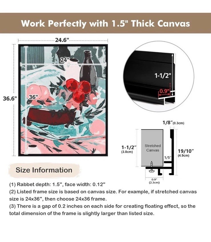 DIY Metal Canvas Frame  1.5" Deep Floating Canvas Frame for 30"x 40" BLACK