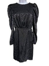 Black Leopard Puff Sleeve Belted Mini Dress By Express Womens XS 3/4 Sleeve