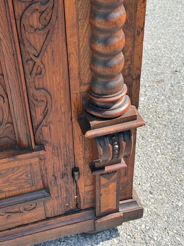 Antique carved oak cupboard cabinet table German victorian 19th iron jacobean - Picture 9 of 24