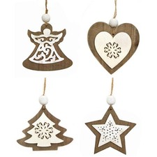 Christmas Tree Decorations 4x Wooden Heart Angel tree and Star Hanging Ornaments