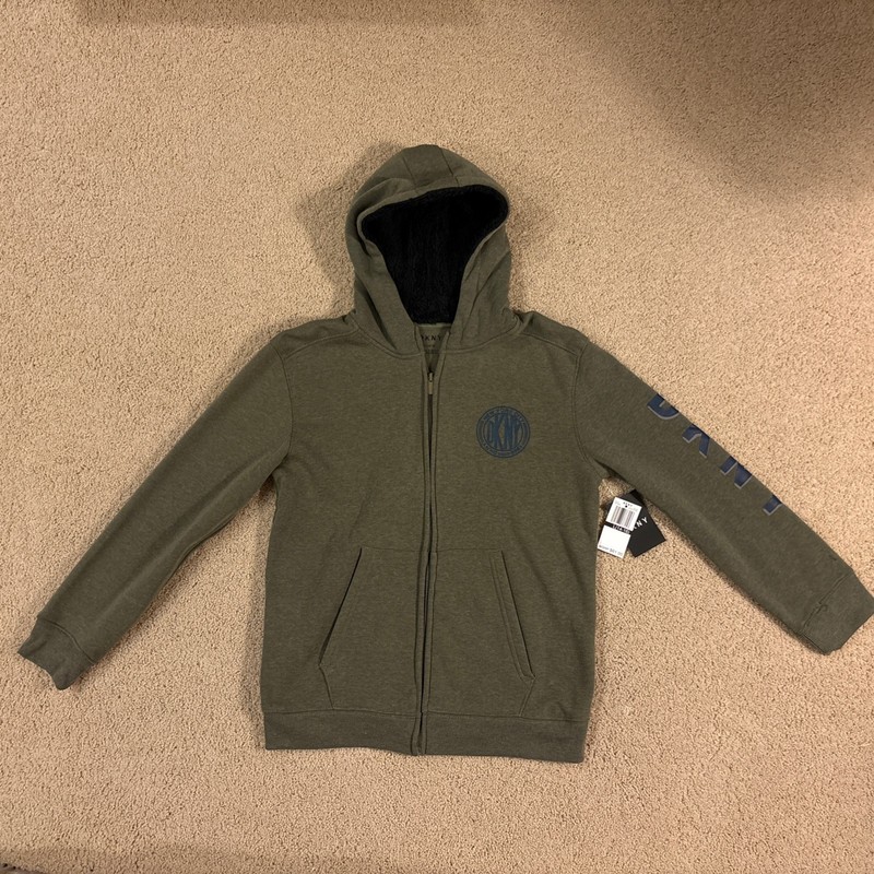 DKNY New Youth Boys Large 14-16 Olive Green Fleece Hoodie Sherpa Lined Hood NWT