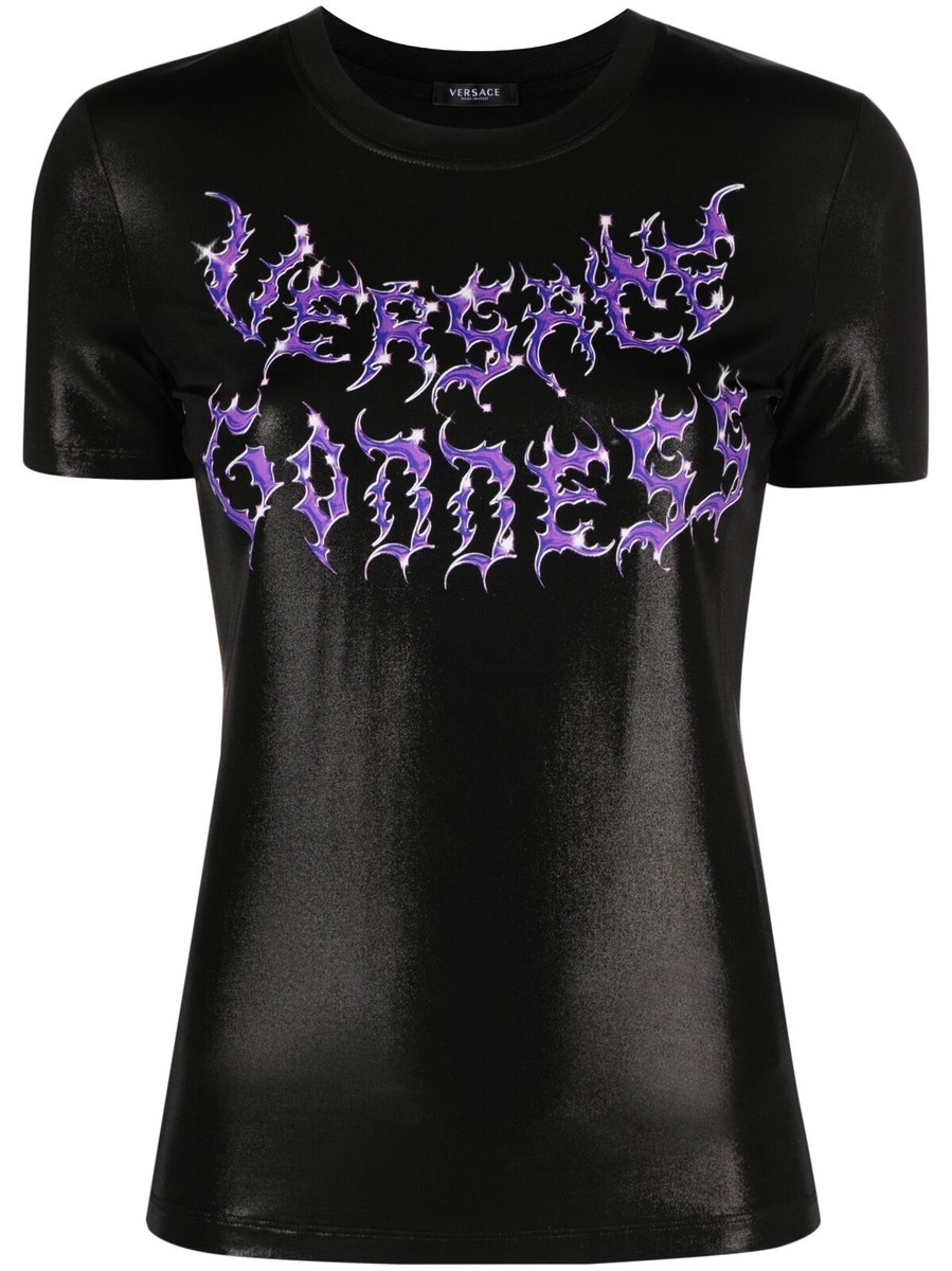 【関税込み】Versace ブラック Versace Goddess Tシャツ NWT Versace Goddess Logo Black Purple Liquid Wet Jersey T