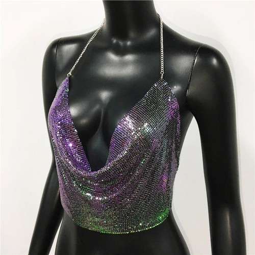 Metall Pailletten Neckholder Damen sexy V-Ausschnitt rückenlose Kette Tauchtank Weste kurzes Oberteil - Bild 22 von 27