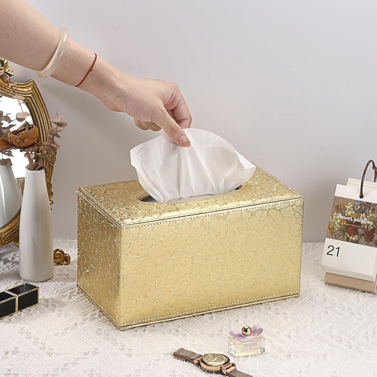 Large Gold Rectangular Leather Tissue Box Cover with Magnetic