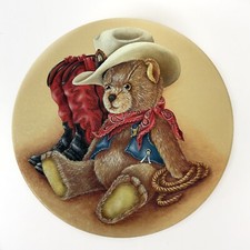 Vintage western cowboy teddy bear with bandana boots & hat round tin container