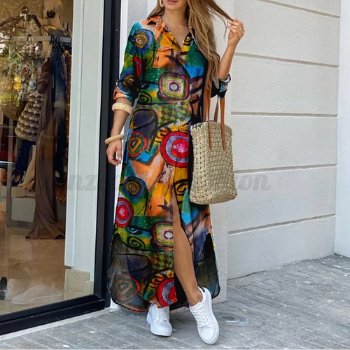 Damen Freizeit Kragen Langarm Shirt Kleid Blumen Knöpfe Lose Midikleid - Bild 37 von 46