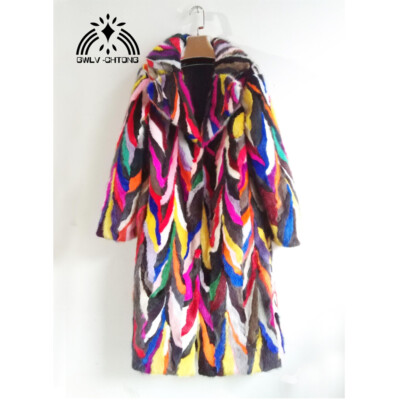 Real Natural Mink Fur Coat Women Fashion X-long Multi-color Jacket