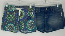 2PC Old Navy Geometric Mini-Shorty Denim Jean Linen Adjustable Shorts Girls 14