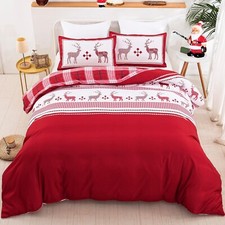 Christmas Duvet Cover Set Reversible Reindeer Red Plaid Comforter Cover Queen