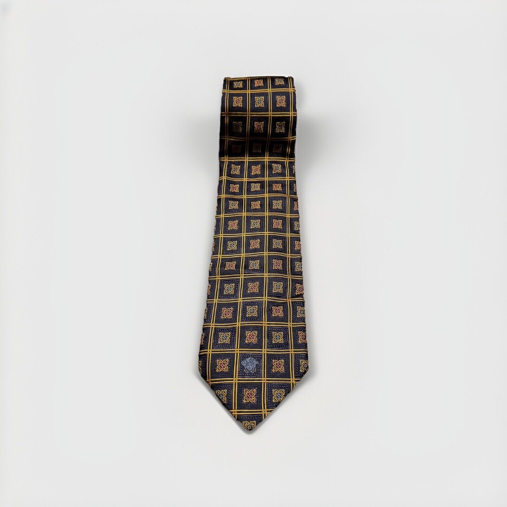 Versace Silk Tie - Navy & Gold Geometric Square Pattern
