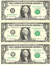 Trinary Fancy Serie Número Uno Billete de Dólar 0s 4s 5s 6s 8s Lote de 3 Billetes