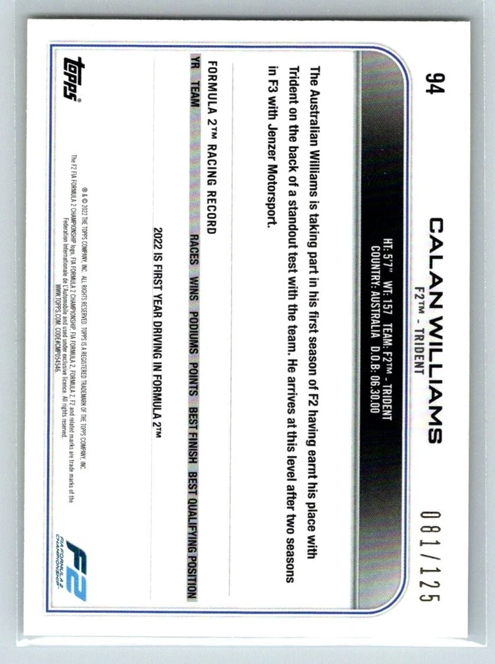 2022 Topps F1 Yellow Calan Williams /125 - Image 2 of 2