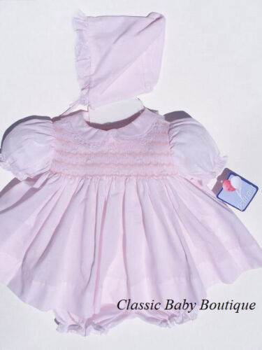 NWT Petit Ami Pink Smocked Lace 3PC Dress Newborn Reborn Baby Girls Bonnet Sz 0