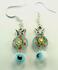 Millefiori Flower Dangle Earrings with Evil Eyes Handmade Jewelry