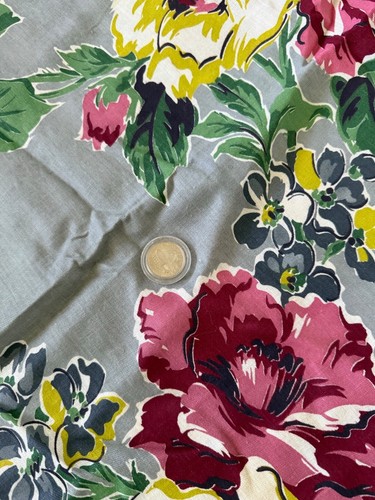 Vtg 1940's Berry Rose Yellow Floral Fabric Gray Background 3.6 Yards Linen Cottn - Picture 5 of 14