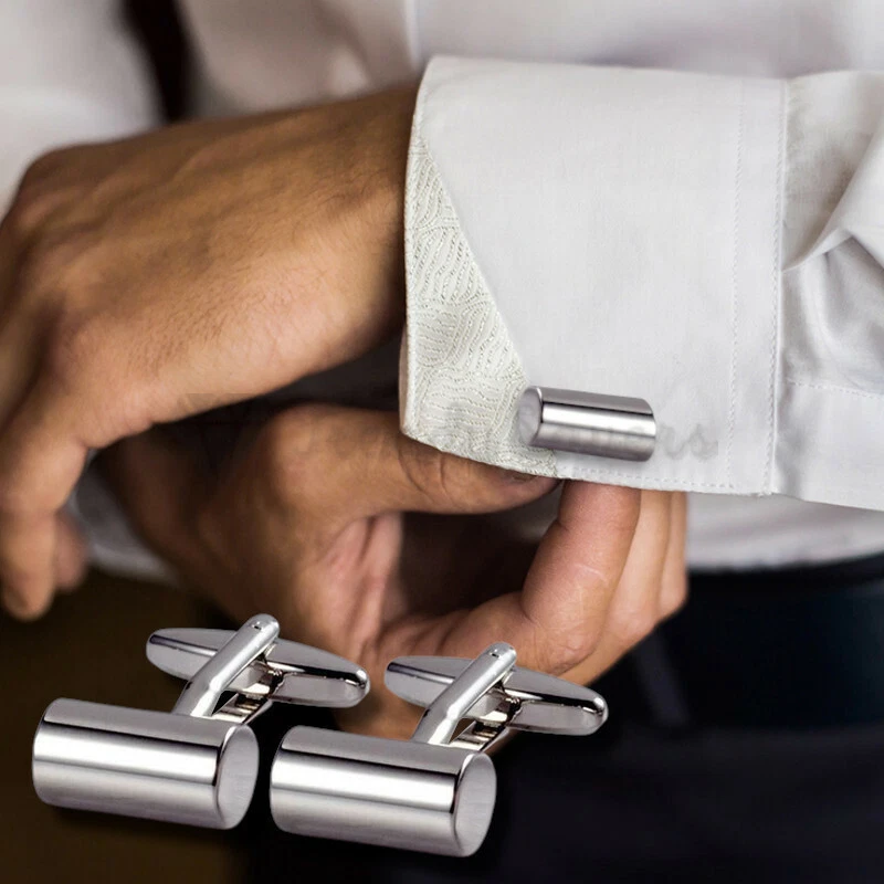 Chrome Brushed Silver Cylinder Shaped Stainless Steel Mens Cuff Link Cufflinks