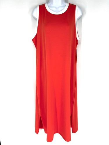 CALVIN KLEIN Sleevless Tank Maxi Dress Size L Peach Salmon Knit Side Slits NWT