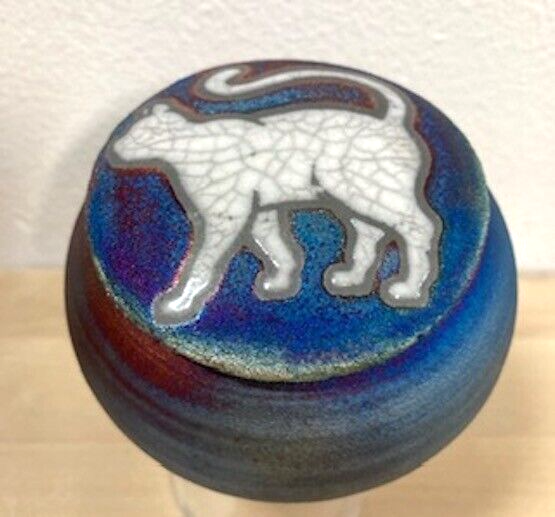 RAKU Dream Catcher Jar Walking Cat on Lid Signed 3 1/4" Jeremy Diller