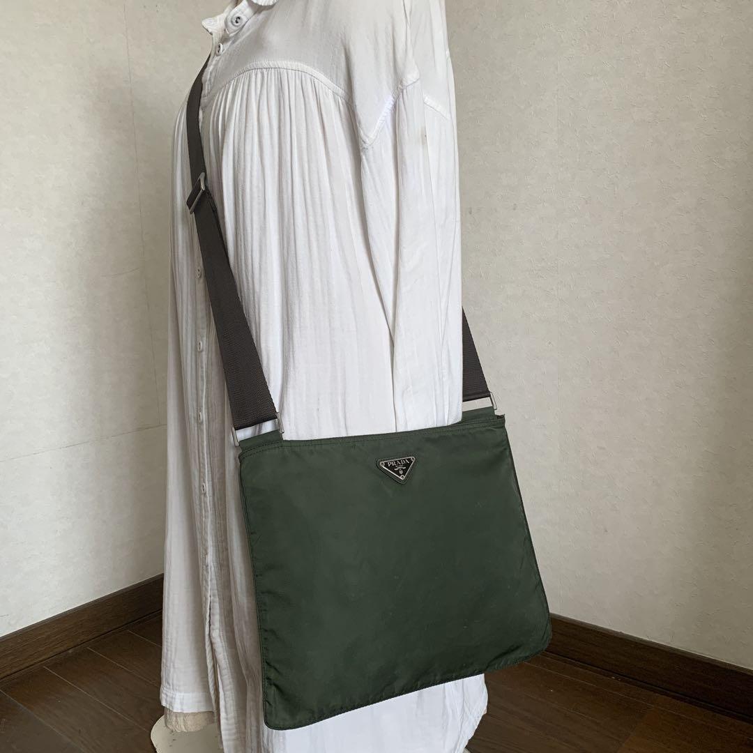 PRADA Nylon Shoulder Bag Auth Moss Green Medium Women Italy 114149