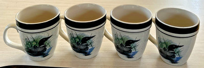 4 FOLKCRAFT STONEWARE LOON LAKE 16 OUNCE MUGS BY SCOTTY Z UNUSED 2001 - 2009