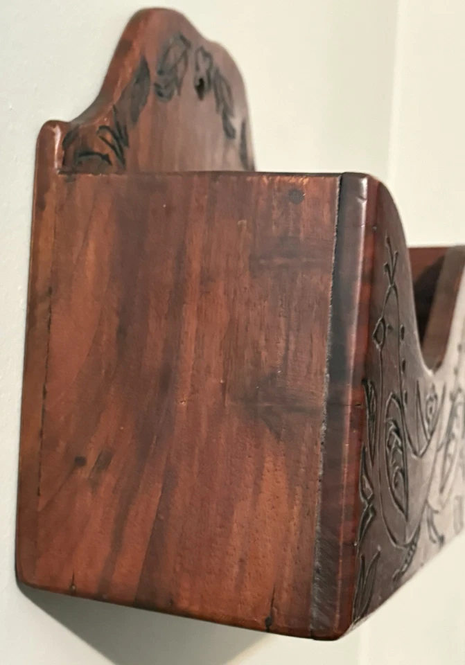 Antique Hand Carved Wooden Wall Pocket Mail Holder Folk Art Rustic Cottage Core - Image 2 of 4