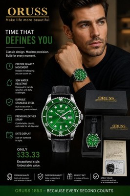 ORUSS 1853 Men's Green Dial Watch Black Leather Strap Date Display Rotating...