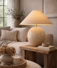 Large Ceramic Table Lamp Cream Linen Shade Modern Bedside Living Room Neutral