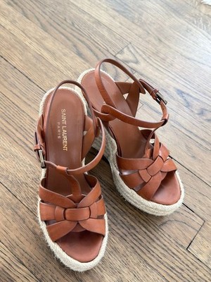 Saint Laurent Tribute Espadrille Wedge Sandals in Tan Leather