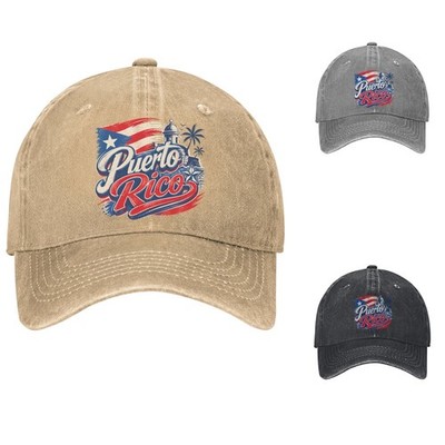 Puerto Rico Flag Script Brush Stroke Tower Palm Tree Badge Cotton Baseball Cap