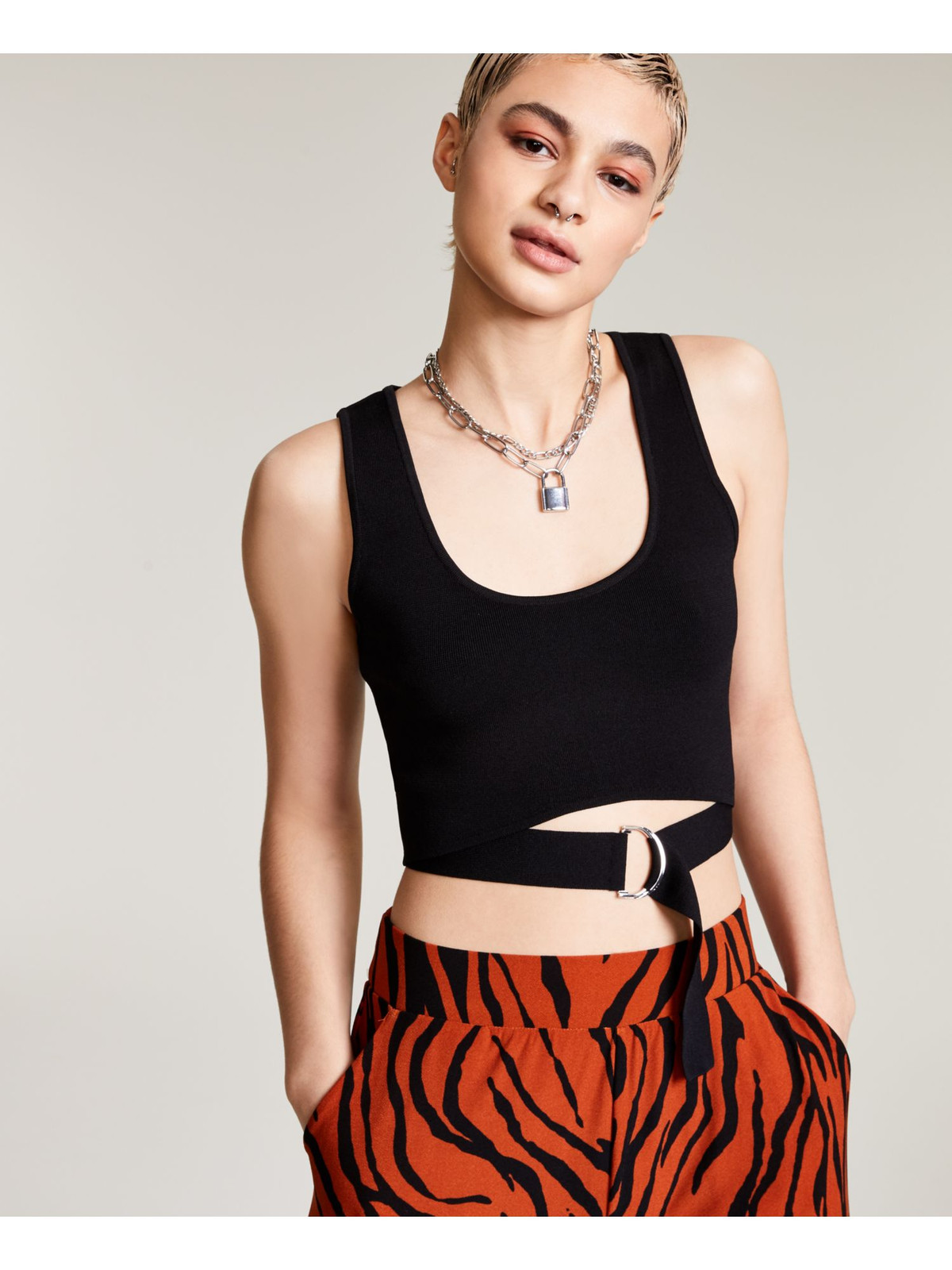 BAR III Womens Black Fitted Attached Belt Sleeveless Scoop Neck Crop Top XL