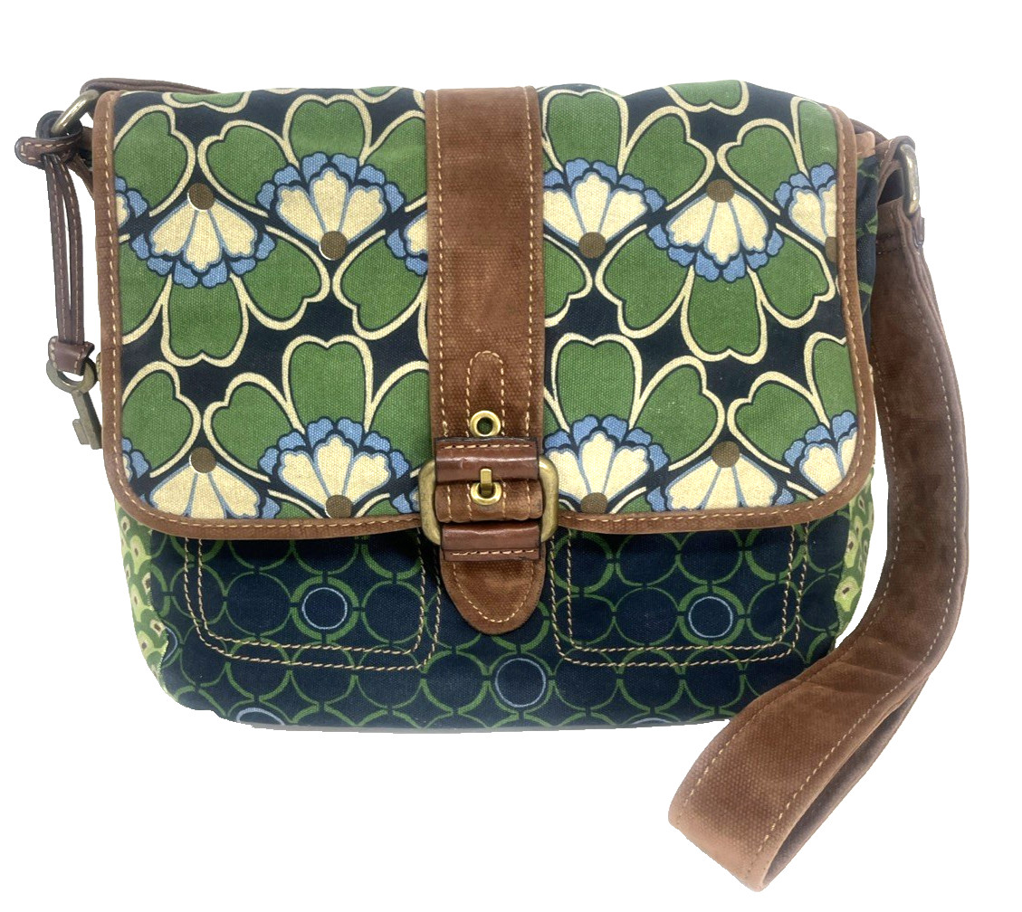 VTG Fossil Key Floral Patchwork Flap Canvas Crossbody Purse Messenger Blue Green