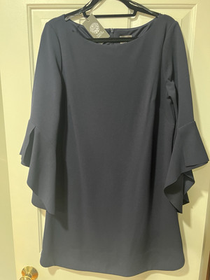 vince camuto navy blue dress vince camuto Navy Blue Bell Sleeve Shift Dress Size 14