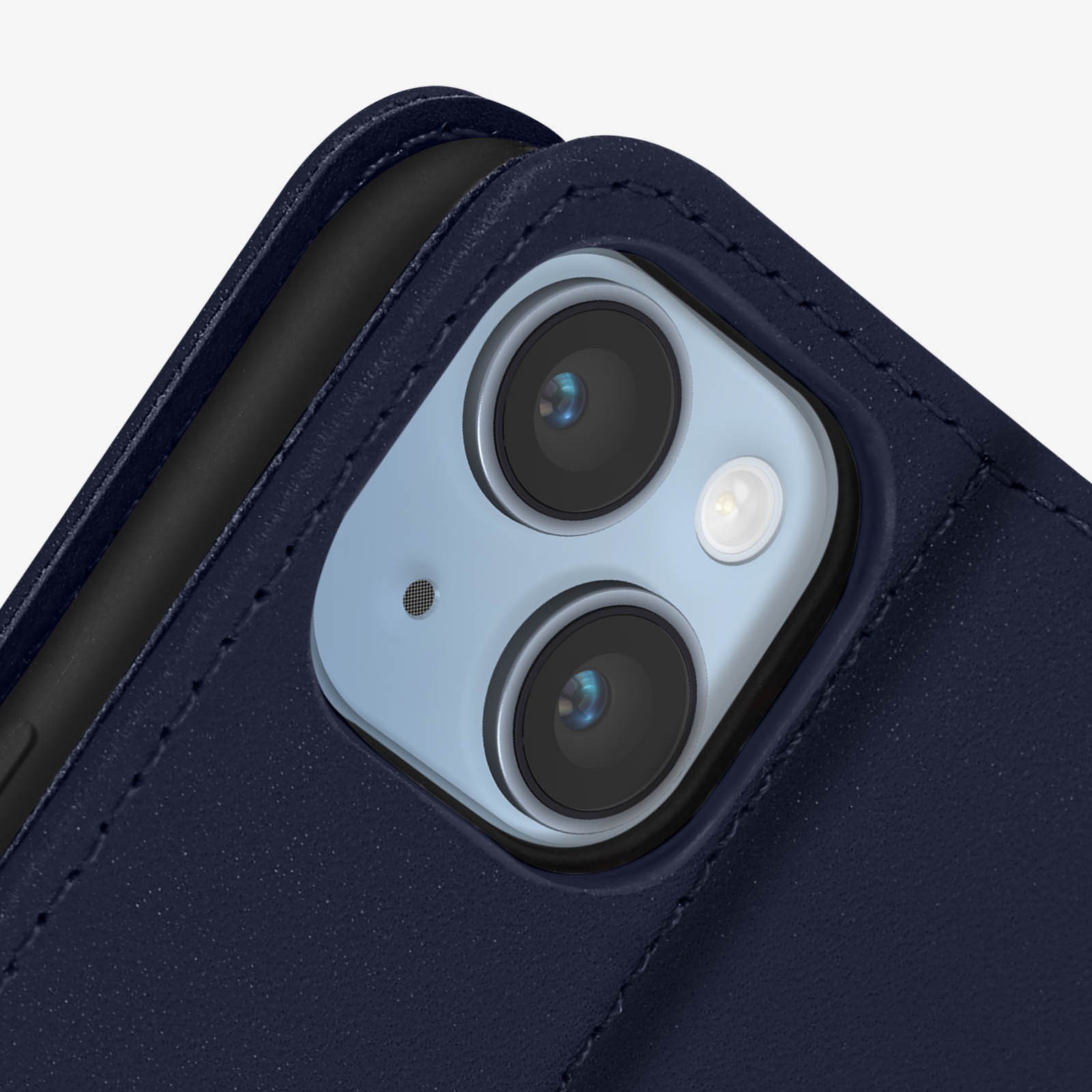 Protection iPhone 14 Plus étui cuir bleu nuit fonction support vidéo